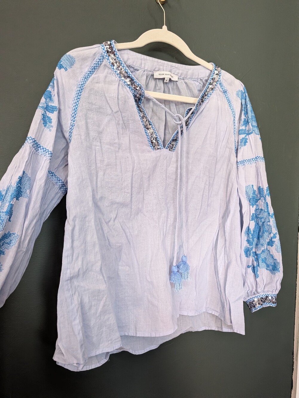 Boho Embroidered Light Blue Peasant Tunic with Blue Floral Details And Sequins